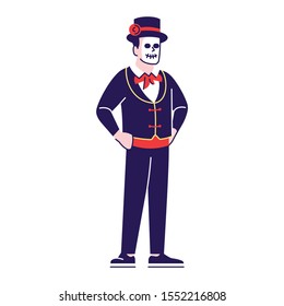 Guy wearing sugar scull face make up and costume flat vector illustrations set. Dia de los Muertos celebration outfits. Cartoon character with outline elements isolated on white background