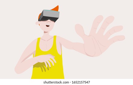 Guy wearing virtual reality glasses. Vector colorful bright illustration in flat minimalist style