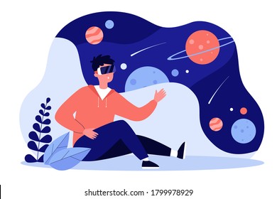 Guy wearing VR headset exploring world and galaxy, watching planets in space. Student enjoying educational virtual reality experience. For education, innovation technology, VR game concept