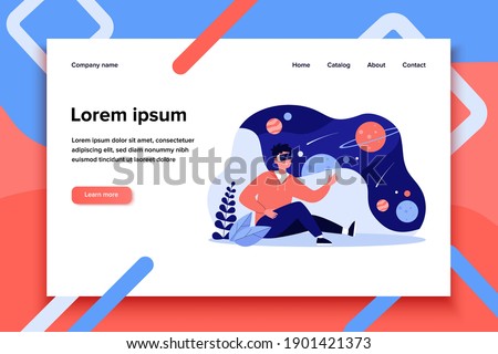 Guy wearing VR headset exploring world and galaxy, watching planets in space. Student enjoying educational virtual reality experience. For education, innovation technology, VR game concept