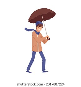 Guy wearing warm coat and scarf walking in wind rainy and stormy weather with umbrella for keeping dry, flat cartoon vector illustration isolated white background