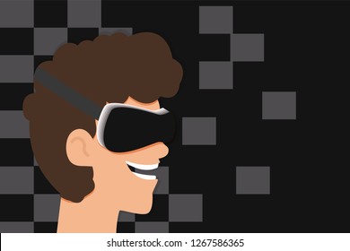 The guy wears virtual reality glasses. Plays or learns from new technologies. Gets pleasure. Black checkered background. Banner, outdoor advertising, packaging, web design.