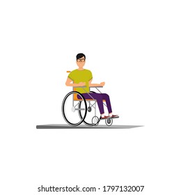 A guy in a wheelchair on a white background. A person with disabilities.