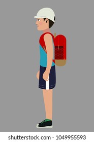 a guy in a white cap, a blue T-shirt, blue shorts, black sneakers with a red backpack side view