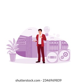 The guy who fixes the servers in the data center. Datacenter abstract concept vector illustration. Trend Modern vector flat illustration.