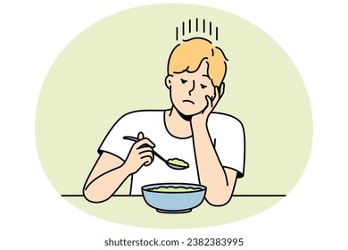 Guy without appetite looks at lean soup or salad made from vegetables. Man follows diet prescribed by doctor. Boy sadly eating vegetarian dish. Vector contour line colorful isolated illustration.