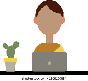 A guy without eyes and mouth behind a laptop, next to a cactus, work environment. office, avatar, user picture, portrait, profile, account badge