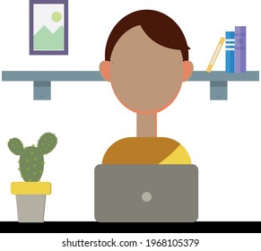 A guy without eyes and mouth behind a laptop, next to a cactus, work environment. in the office, work in the office or at home. homeschooling avatar, portrait, profile, account badge