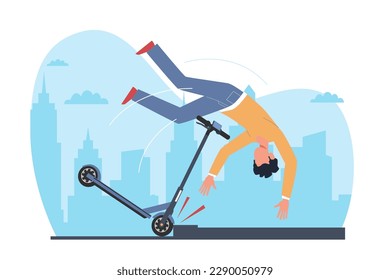 Guy without helmet falls off electric scooter and flies over handlebars. Incident on road, injured person. Broken vehicle. Riding on bike boy. Cartoon flat style isolated vector concept