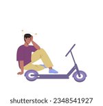 Guy without helmet fell off electric scooter and holding his head while sitting on the ground next to a scooter. Incident on the road. Isolated vector illustration in cartoon flat style