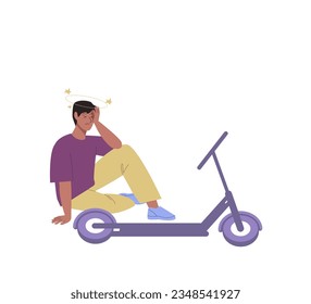 Guy without helmet fell off electric scooter and holding his head while sitting on the ground next to a scooter. Incident on the road. Isolated vector illustration in cartoon flat style