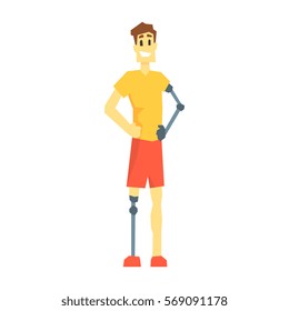 Guy WithProsthetic Leg And Arm, Young Person With Disability Overcoming The Injury Living Full Live Vector Illustration