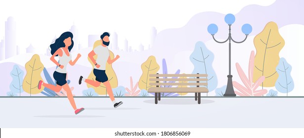 A guy and a woman are running around the park. Morning run. The concept of sport and healthy lifestyle. Vector.