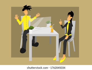un hombre y una mujer hablando en la mesa, distanciamiento social, nueva normalidad