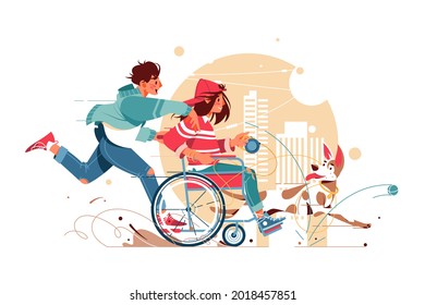 Guy and a woman in wheelchair vector illustration. Couple walking with dog in park flat style. Disabled people and spare time concept. Isolated on white background