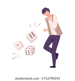 Guy Won Money Prize in Gambling Game, Happy Man with Falling Dices Flat Vector Illustration