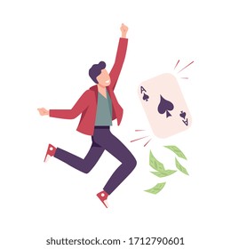 Guy Won Money Prize in Gambling Game, Happy Man with Winning Playing Card Flat Vector Illustration