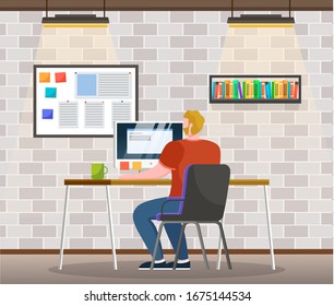 Guy work on personal computer at office alone. Person look at board with tasks. Paper stickers with notes on monitor. Room interior with shelf for books. Vector illustration of workplace in flat style