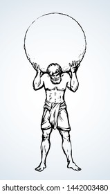 Guy worker giant god torso carry up stone ball weight on white sky text space. Line black ink hand drawn retro myth hero problem logo pictogram emblem. Old outline Greece vintage doodle sketch legend