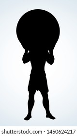 Guy worker giant god torso carry up stone ball weight on white sky text space. Line black ink hand drawn retro myth hero problem logo pictogram emblem. Old outline Greece vintage doodle sketch legend