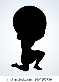 Guy worker giant god torso carry up stone ball weight on white sky text space. Dark black ink hand drawn retro myth hero problem logo pictogram emblem. Old Greece vintage engrave print legend logotype