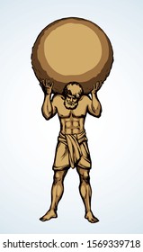 Guy worker giant god torso carry up stone ball weight on white sky text space. Gold color hand drawn retro myth big hero problem logo pictogram emblem. Old golden Greece vintage doodle sketch legend
