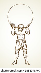 Guy worker giant god torso carry up stone ball weight on white sky text space. Line black ink hand drawn retro myth hero problem logo pictogram emblem. Old outline Greece vintage doodle sketch legend