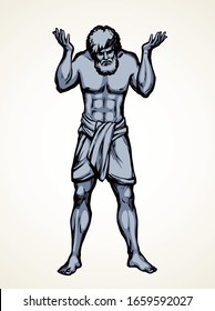 Guy worker giant god torso carry up stone ball weight on white sky text space. Line black ink hand drawn retro myth hero problem logo pictogram emblem. Old outline Greece vintage doodle sketch legend