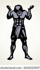 Guy worker giant god torso carry up stone ball weight on white sky text space. Line black ink hand drawn retro myth hero problem logo pictogram emblem. Old outline Greece vintage doodle sketch legend