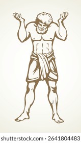 Guy worker giant god torso carry up stone ball weight on white sky text space. Line black ink hand drawn retro myth hero problem logo pictogram emblem. Old outline Greece vintage doodle sketch legend