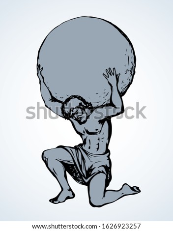 Guy worker giant god torso carry up stone ball weight on white sky text space. Line black ink hand drawn retro myth hero problem logo pictogram emblem. Old outline Greece vintage doodle sketch legend