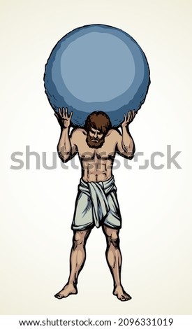 Guy worker giant god torso carry up stone ball weight on white sky text space. Line black ink hand drawn retro myth hero problem logo pictogram emblem. Old outline Greece vintage doodle sketch legend