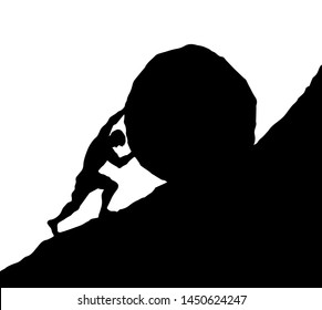 Guy worker strong figure climb carry goal on white sky text space. Line black ink hand drawn myth male hero force useless vain career action logo icon sign. Old ancient art doodle sketch vector legend