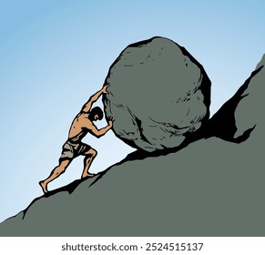 Guy worker strong figure climb carry goal on white sky text space. Line black ink hand drawn myth male hero force useless vain career action logo icon sign. Old ancient art doodle sketch vector legend