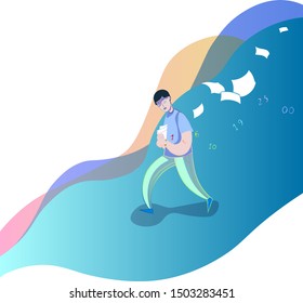 
guy, worker, student, hurrying, in the rhythm of life, inspired and full of ideas, with papers and watches, on a plastic background