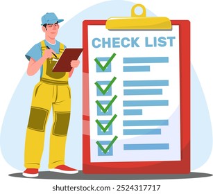 guy in a workers uniform fills out checklist on a tablet, a worker keeps a record.