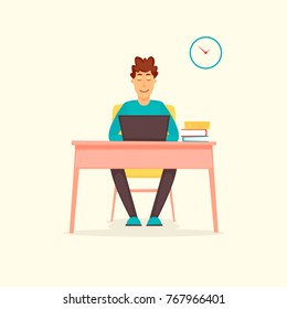 Guy working at a computer, business, office, programmer. Flat design vector illustration.