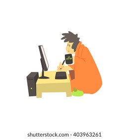 Guy Working Home At Night Cute Cartoon Style Flat Vector Illustration On White Background