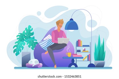 Guy working with laptop flat vector illustration. Young freelancer, student with computer cartoon character. Online business, internet leisure. Remote job, distance education, freelance, outsourcing