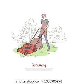 Guy working with lawnmower, husbandry, grass trimming service, outdoor chores, landscaping, gardening equipment banner