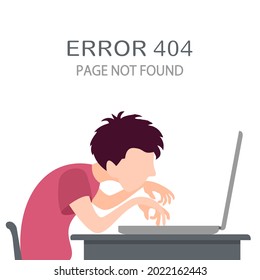 Guy is working on the computer or laptop and sees Error 404. Page not found. Boy study or play a computer game.  Illustration in a flat cartoon style with cute character. Working at Home concept.