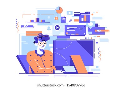 Guy working at pc vector illustration. Man in glasses sitting at table and typing something on computer flat style concept. Running process of data processor