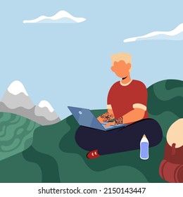 Guy working remotely while traveling, blogger, freelancer