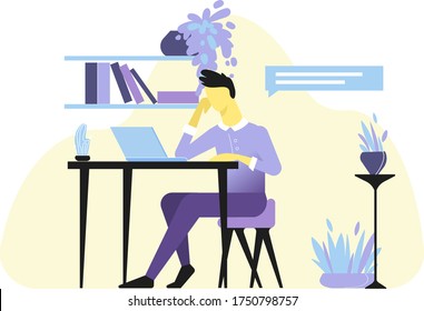 The guy works at home on a laptop. equipped workplace. Man on self-isolation. Work on the Internet. You can communicate from anywhere in the world.