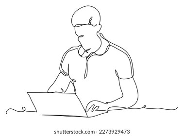 The guy works at the laptop in one line on a white background. Stock vector illustration of a busy freelancer. Business and study concept.