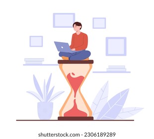 Guy works long hours. Man with laptop sits in lotus position on hourglass. Organization of effective workflow and time management. Hardworking employee in office. Cartoon flat vector illustration