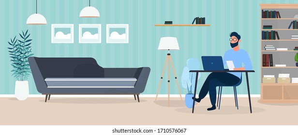 The guy works on a laptop in a stylish office. Study, computer, sofa, wardrobe, bookcase with books, paintings on the wall. Work at home. Vector.