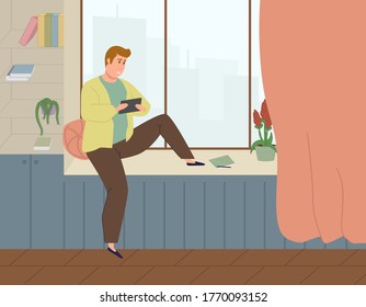 The guy works on a tablet or phone sitting on the windowsill and looking out the window at home. Vector illustration of freelance work in flat cartoon 
