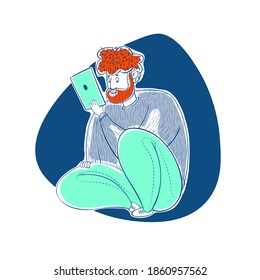 The guy works online at home. Distance work. Correspondence. Cartoon contour illustration in a vector.