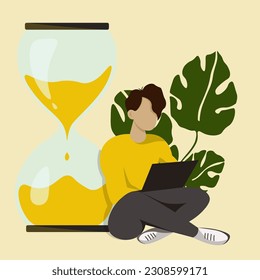 El tipo trabaja a distancia, autónomo, lentes de arena, planta de casa, con suéter amarillo.
